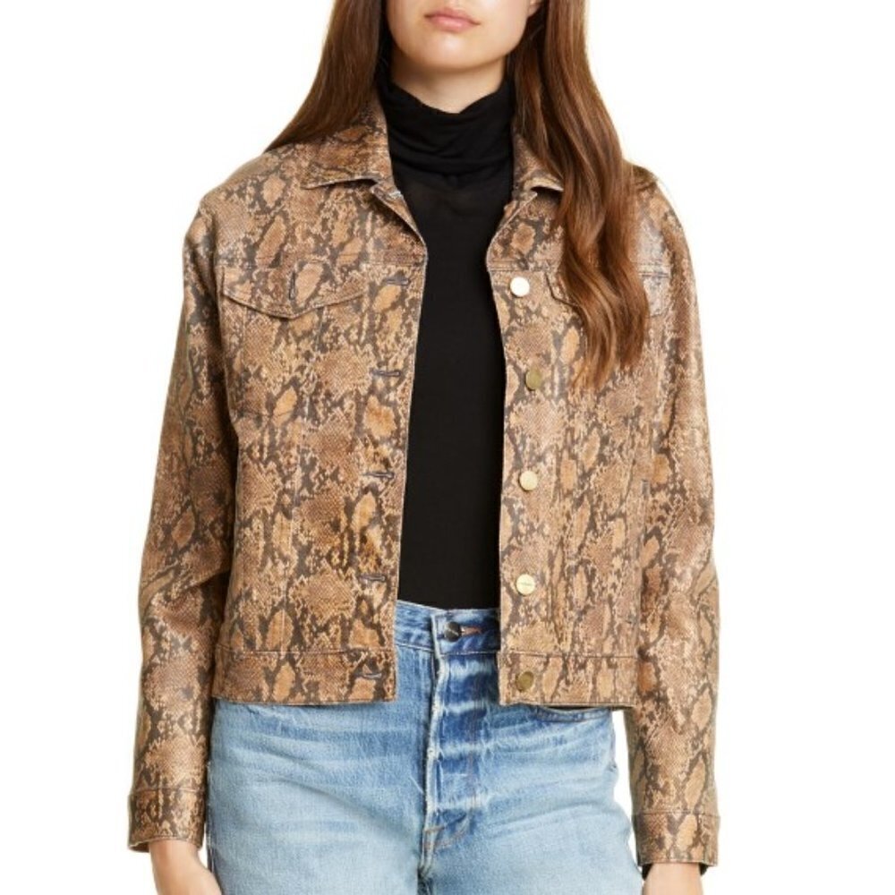 FRAME 'Le Vintage' Python-Print Coated Denim Jacket, Natural